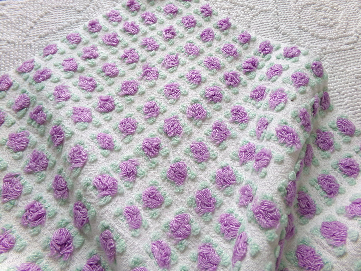 divine amethyst purple rosebud chenille fabric, rare vintage 18" x 25" piece of Morgan Jones sewing material for quilts, pillows, crafts