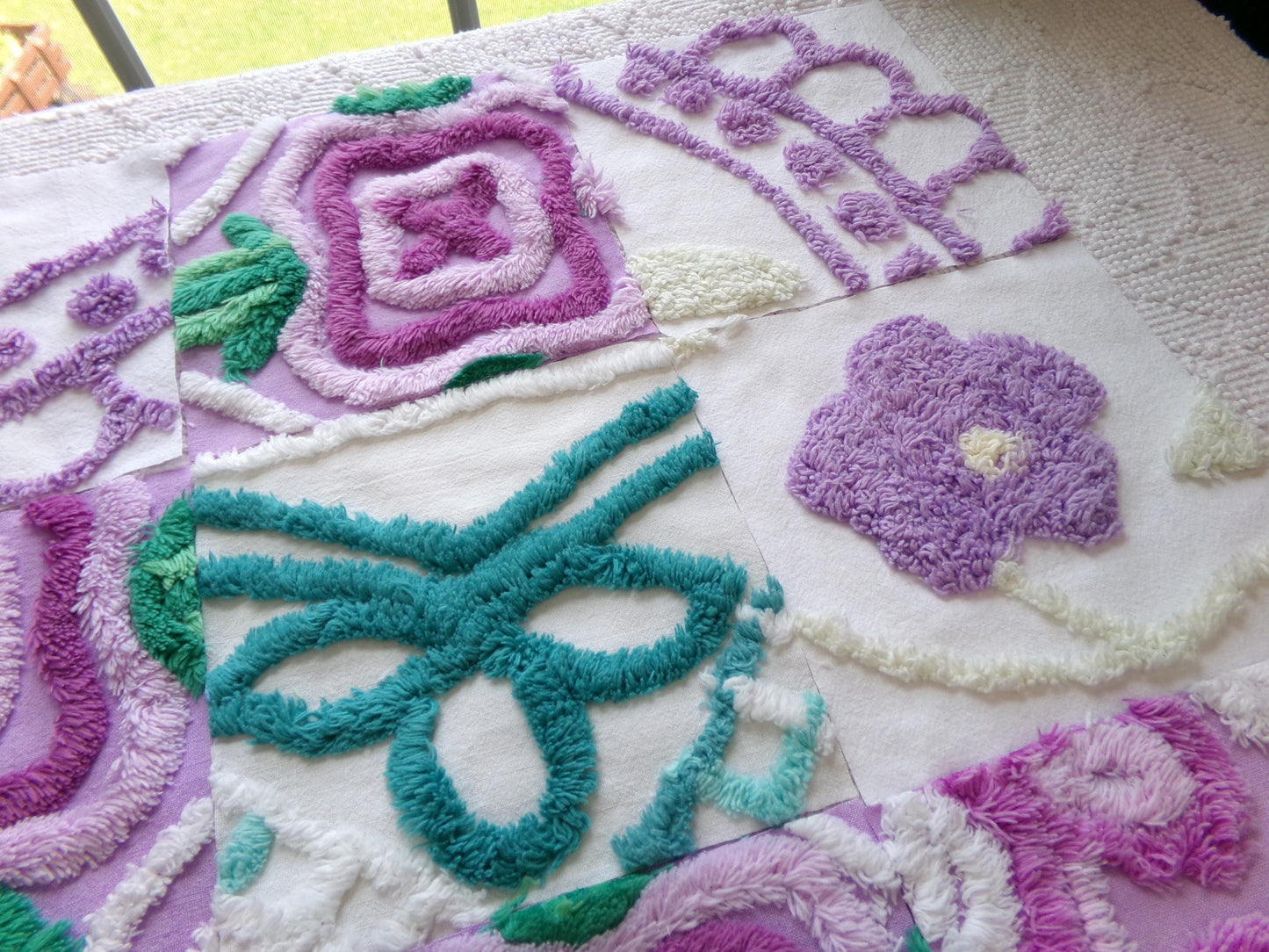 vintage chenille fabric squares: set of 16 lavender & lilacs, teal white cotton 6" quilt blocks