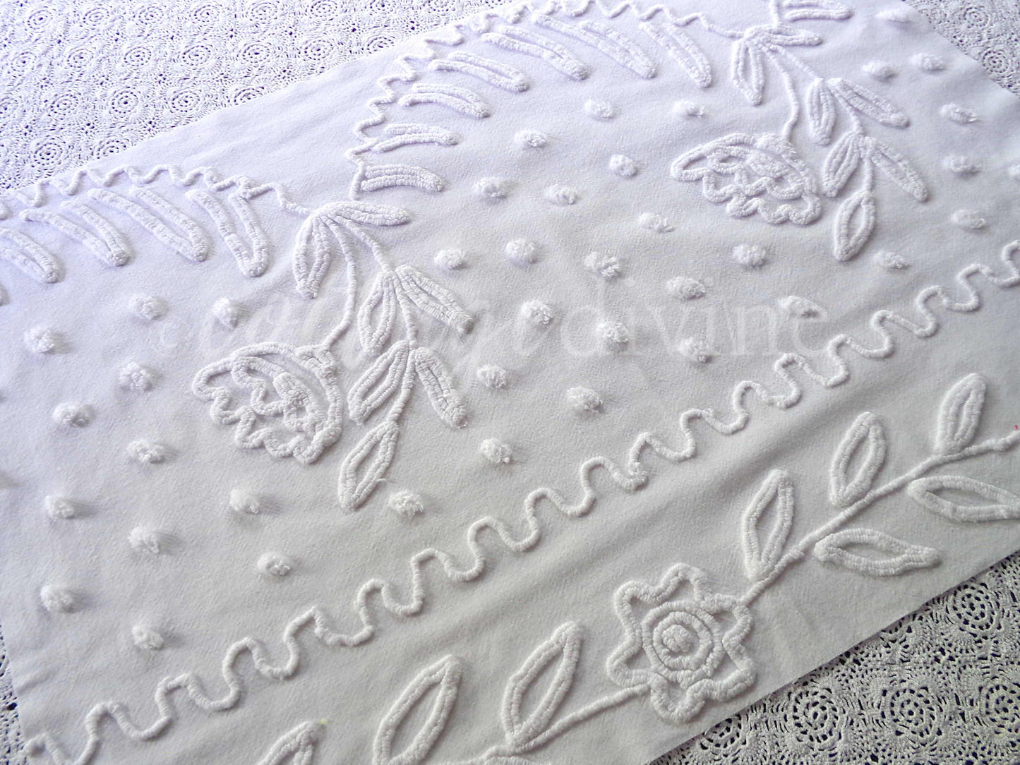 Lily White Dot Vintage Chenille Fabric Piece, 19" x 27" inches, Beautiful Farmhouse Style