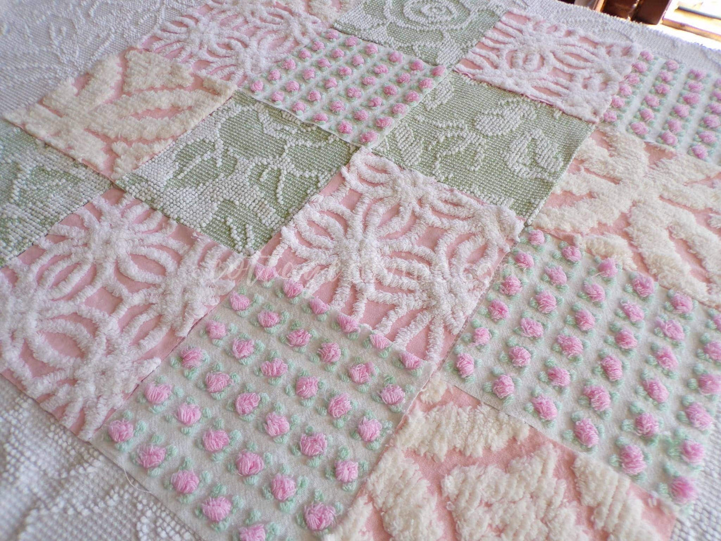 vintage 6" chenille fabric squares, set of 16 quilt blocks in rose bloom pink, sage green & white geometric and floral prints
