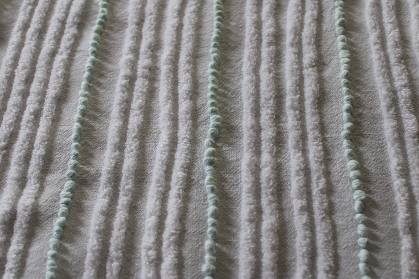 Mint Green Pearl Pops Vintage Chenille Quilt Fabric, White Skinny Stripes, 17" x 23" inch Piece, 100% Cotton