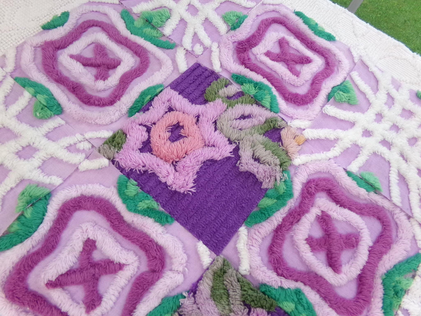 moondance chenille fabric squares, set of 16 vintage 6" craft blocks, lavender purple roses & white for quilt inlays, pillows, fiber arts