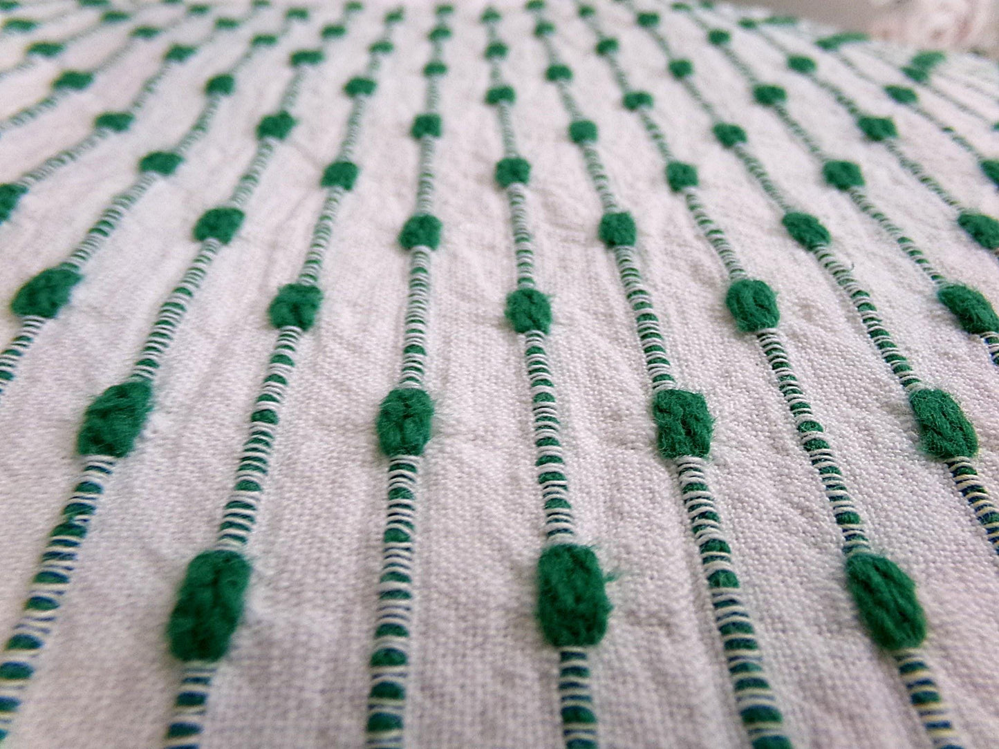 preppy kelly green textured fabric piece, vintage chenille raindrop dots on white woven cotton, great in quilts, xmas stockings, 20" x 25"