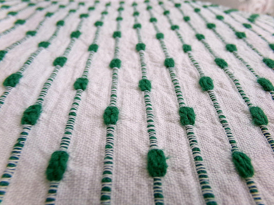 preppy kelly green textured fabric piece, vintage chenille raindrop dots on white woven cotton, great in quilts, xmas stockings, 20" x 25"