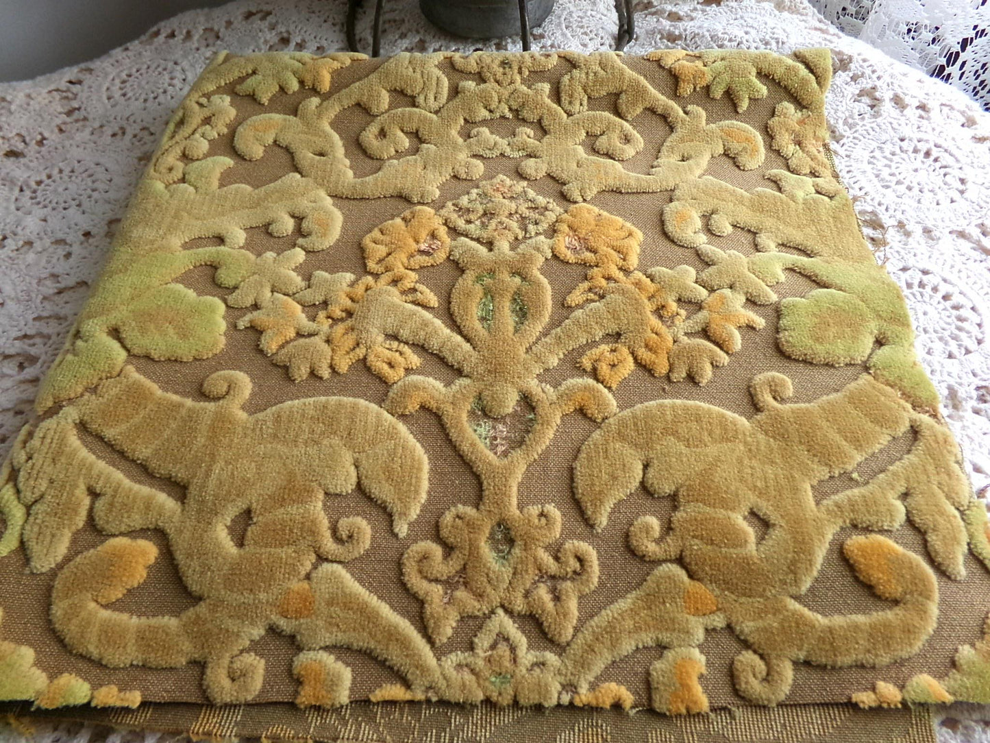 shabby distressed cut velvet fabric, vintage Bates tapestry style chenille material, 20.5" x 15.5" piece, popular in boho bags