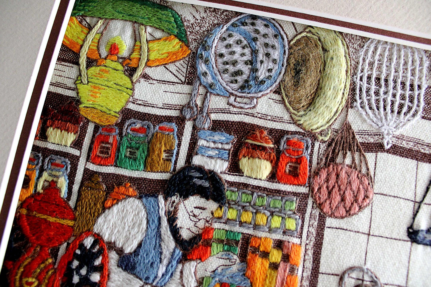 Old-Fashioned Country Store Crewel Embroidery Piece, "Penny Candy"" Completed Stitchery, Vintage Paragon Needlecraft, Outstanding Needlework