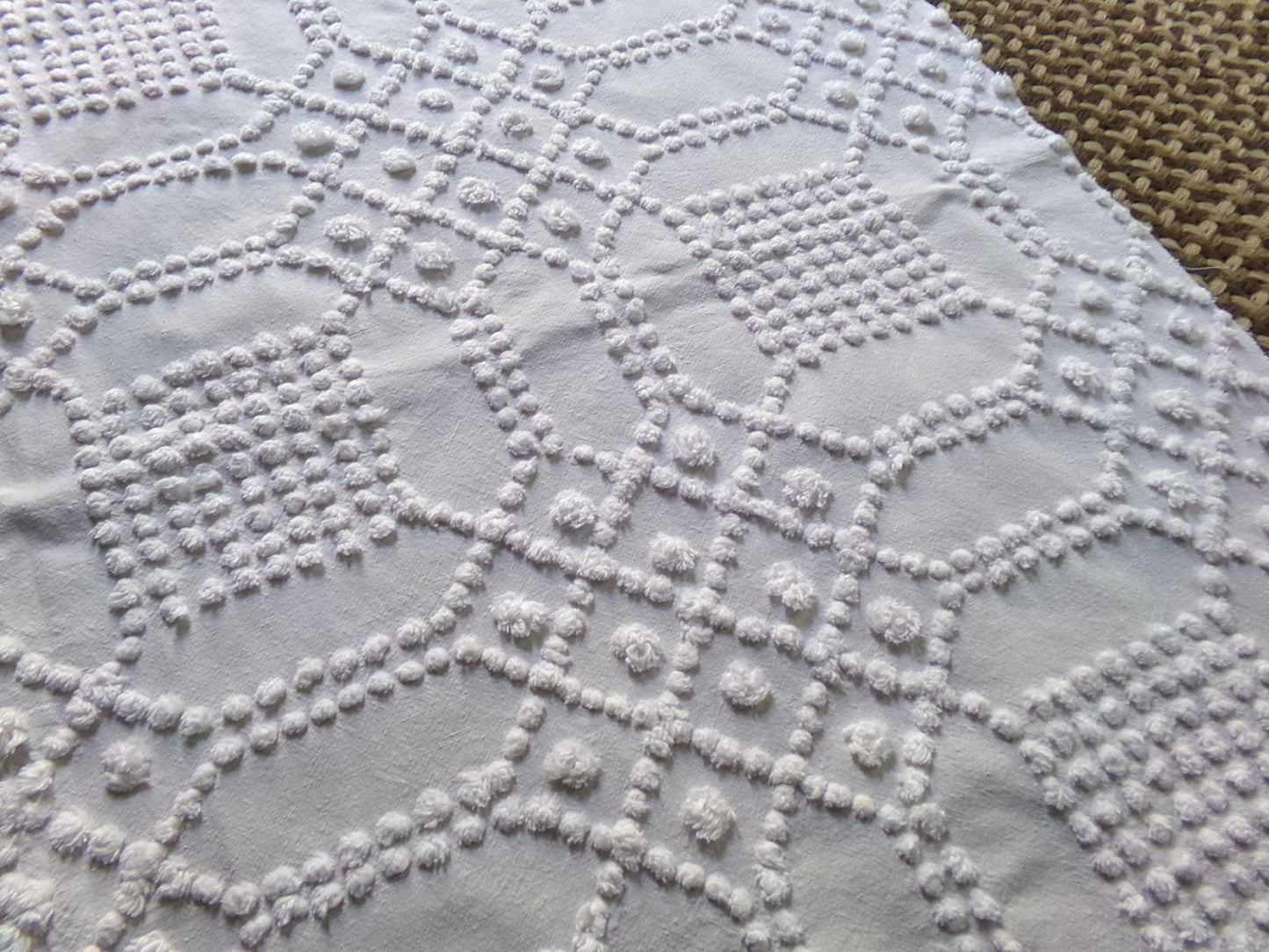 celestial white vintage chenille fabric, vintage geometric piece of cotton sewing material for quilts, pillows, wall hangings, 23" x 28"