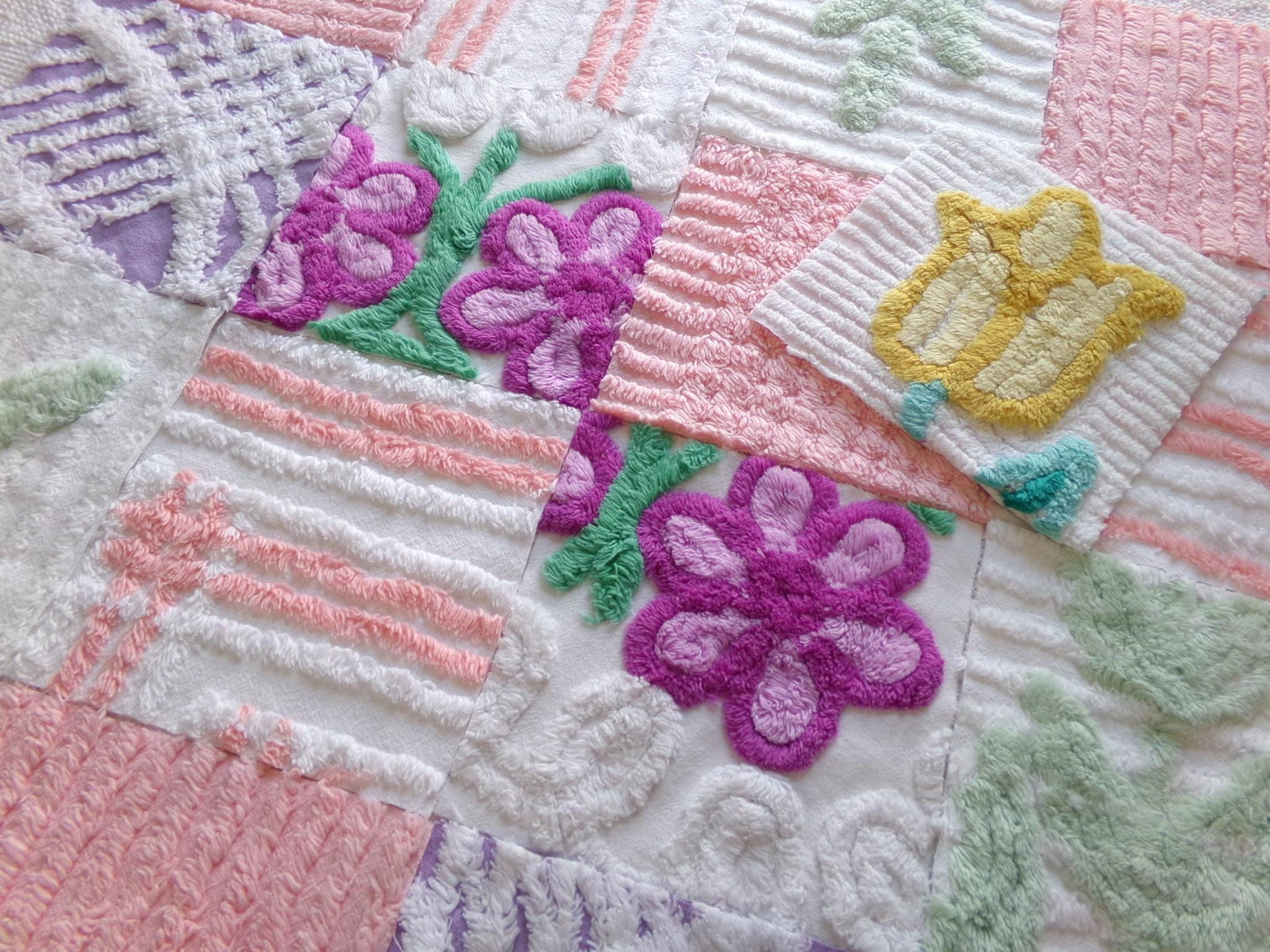 springtime mix 6" chenille squares, peach, white & purple set of 17 craft quilt blocks cut from vintage chenille bedspread fabrics