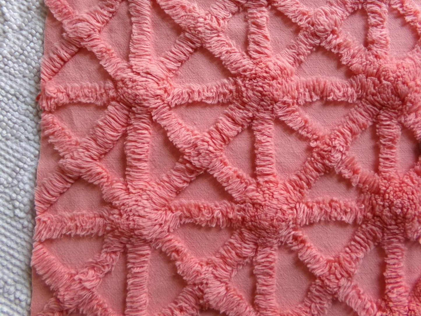 peach twinkles vintage chenille fabric panel in shabby starburst pattern, pretty sewing material for quilts & pillows, 30" x 17" inch piece