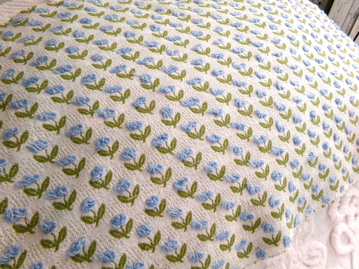 Tulip Garden Vintage Chenille Bedspread Fabric, Little Blue Flowers & Green Leaves, 12" x 24" inch Piece, Sewing Material for Quilts, Crafts