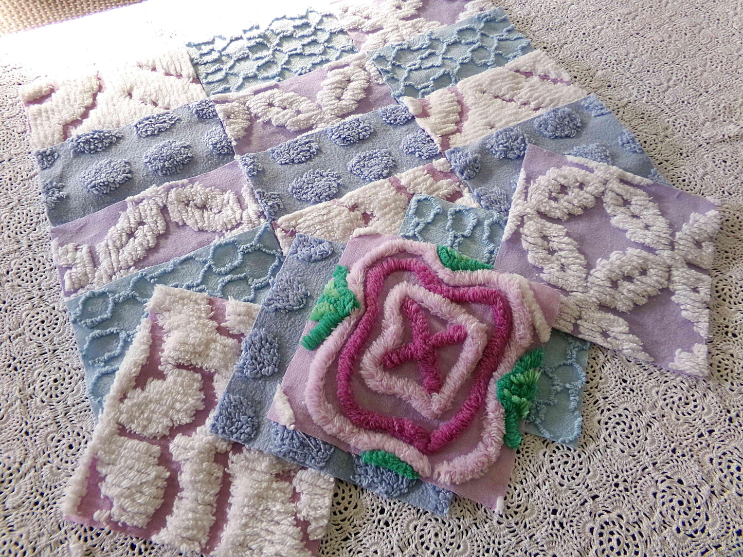 sleep sweetly chenille fabric squares, calming blue, lilac & white, 17 vintage quilt blocks 6" x 6" inch, for pillows, quilting, crafts