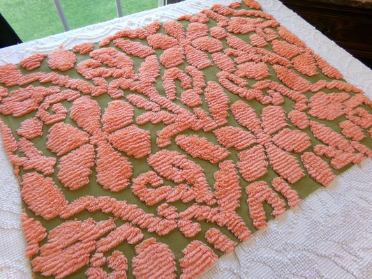 moss green vintage chenille fabric, stylized coral daisy design, 18" x 24" piece of retro sewing material