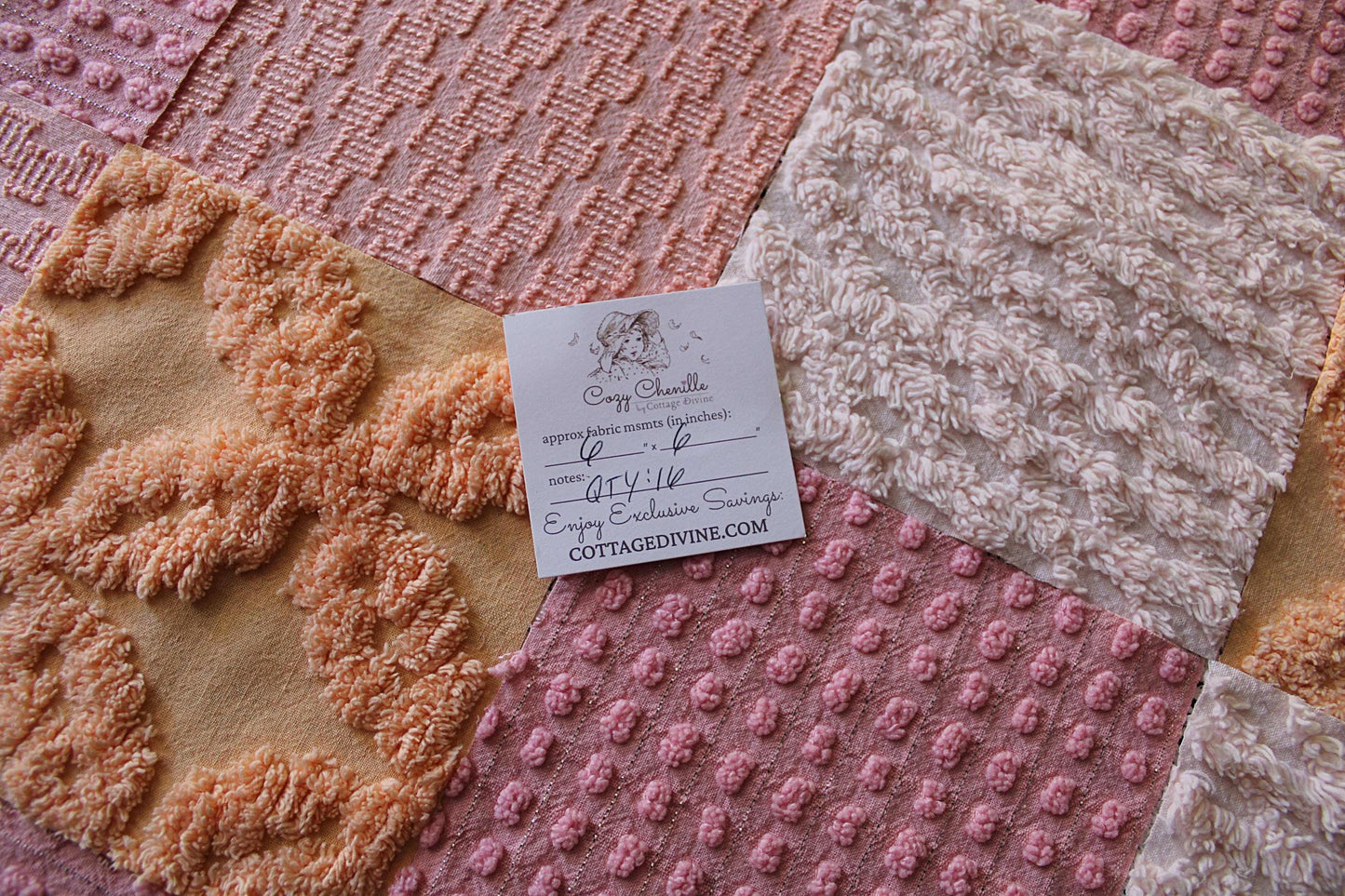 peach nectar vintage chenille fabric squares, set of 16 geometric 6" quilt squares in texturized geometric designs