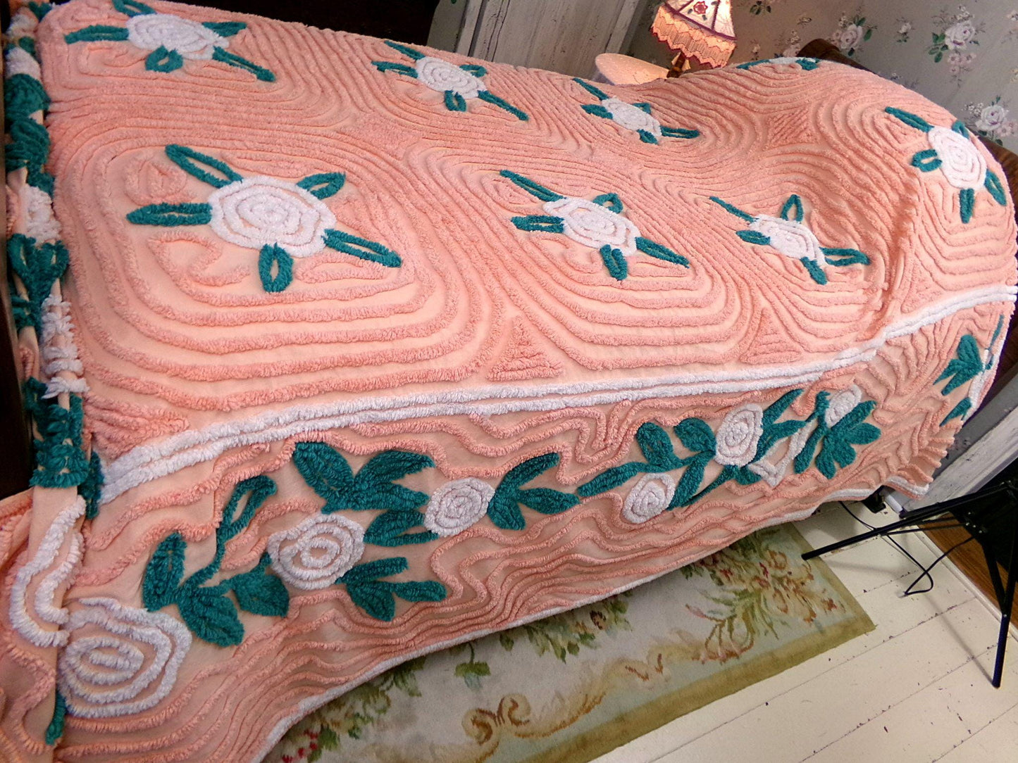 white roses in autumn vintage chenille bedspread, lovely peach glow cotton full size shabby chic bedding