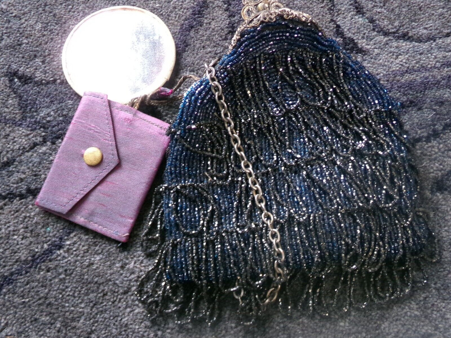 Antique Micro Bead Bag Carnival Glass Purse Vintage Victorian Fancy Clasp Top