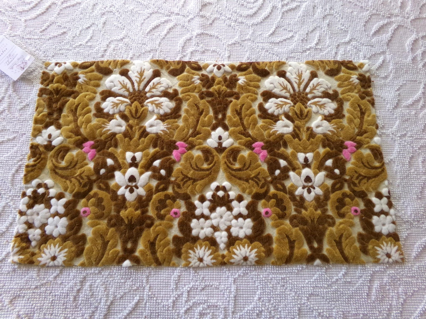 lux caramel chocolate cut velvet fabric, vintage Bates tapestry chenille, 12" x 21" inch piece, ideal sewing material for small bags