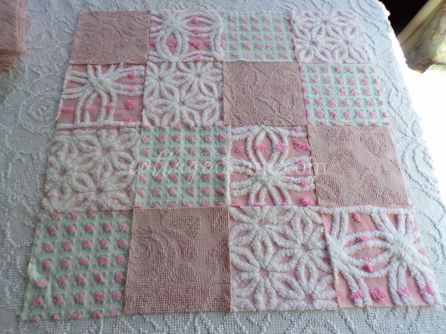 angel pinks vintage chenille fabric squares, rosebuds, daisy patterns, set of 16 quilting blocks, 6" x 6" each, pretty in patchwork pillows