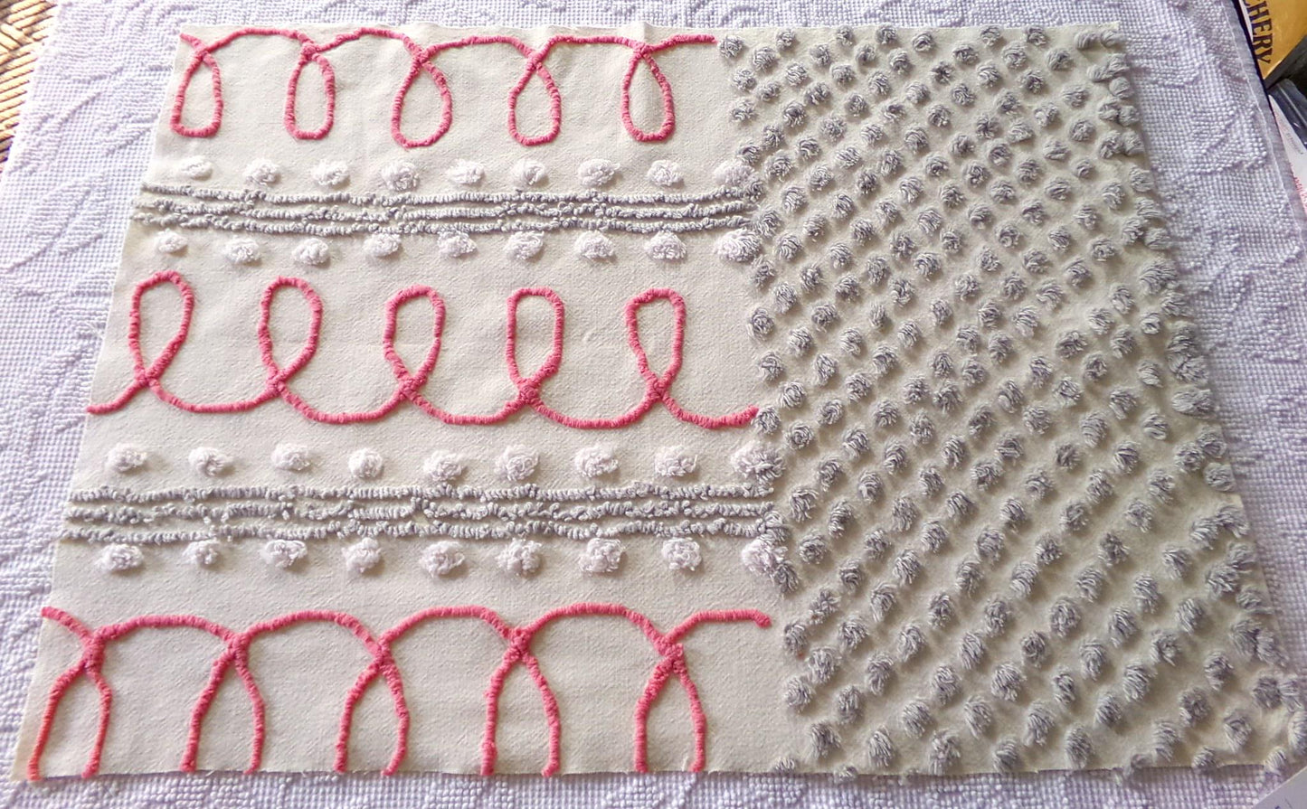 red doodles sewing fabric, retro design with grey pops on buttercream, 18" x 24" inch piece cut from a vintage chenille bedspread