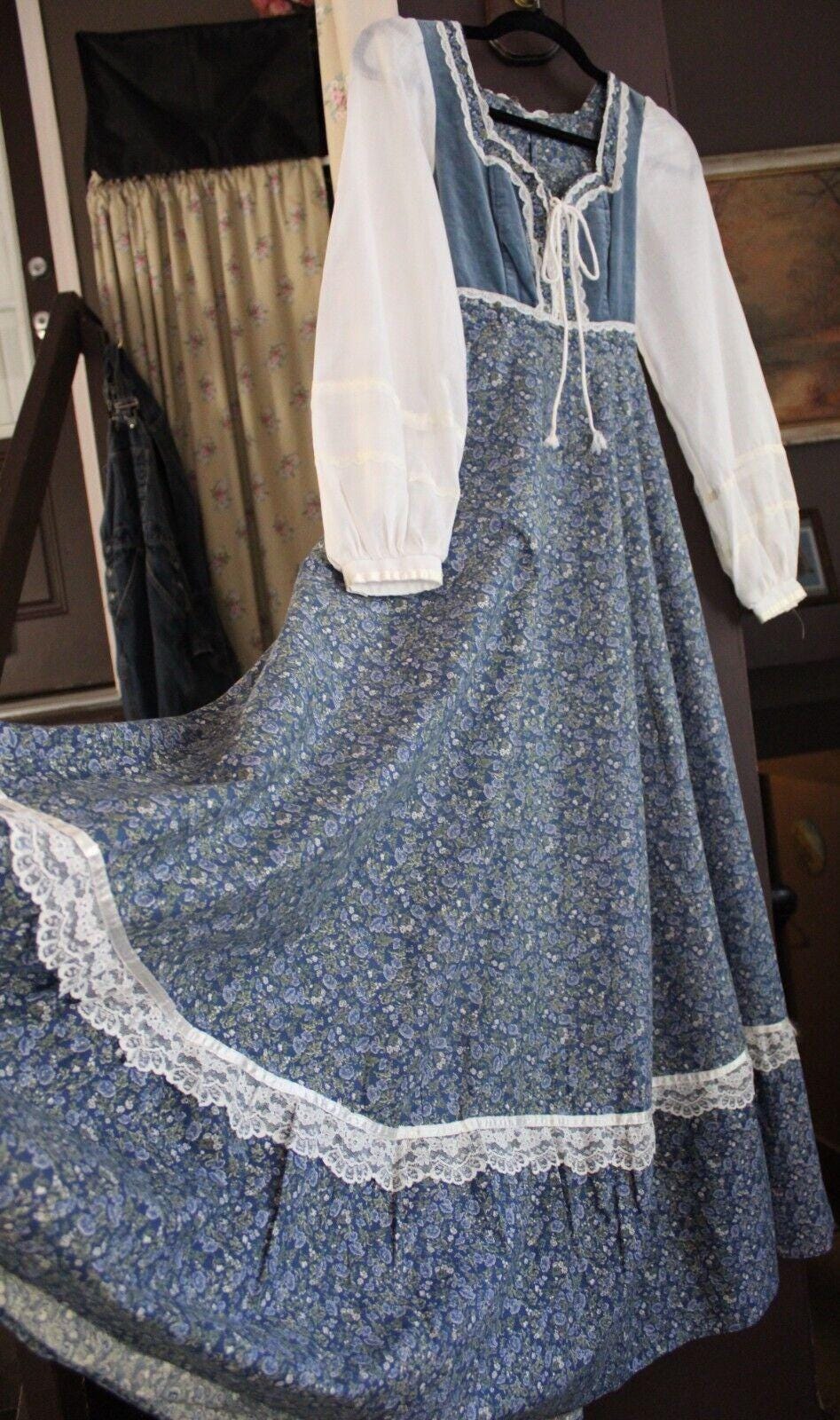Vintage Gunne Sax Prairie Dress, Morning Glory Velvet Corset, Maxi Gown, SUPER SMALL