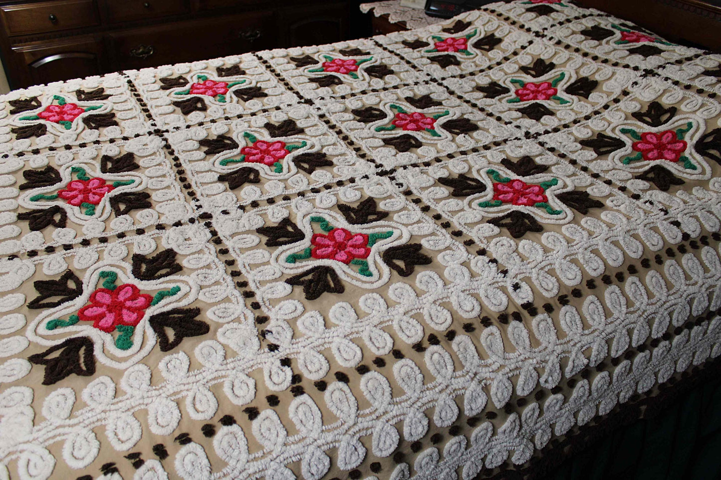 Boho Vintage Chenille Bedspread, Pink Roses on Cocoa Brown, Full Size Cotton Bedding