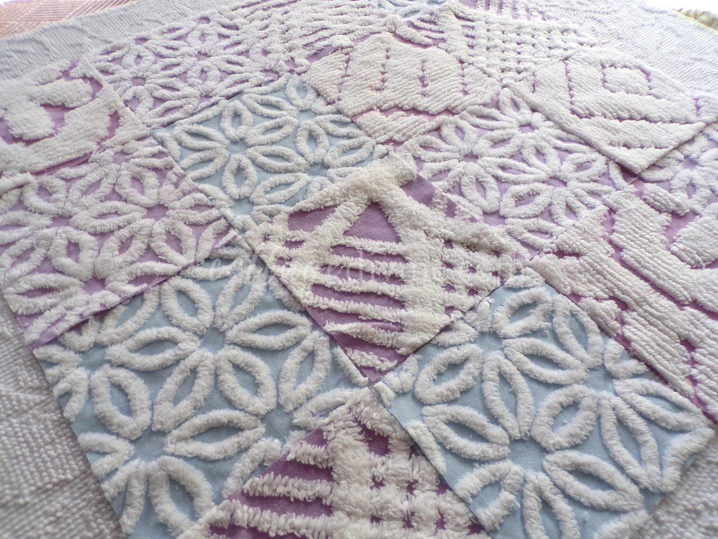 Peaceful Dreams Chenille Fabric Squares Set in Lilac, Blue & White, 16 Vintage Rotary Cut Quilt Blocks, 6" x 6" inch