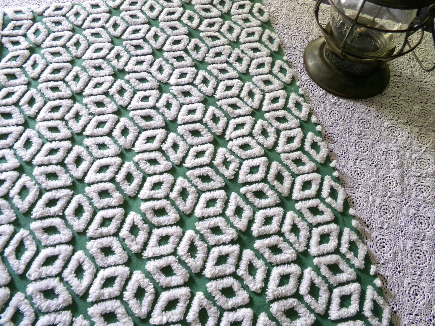 Forest Green Snowflakes Vintage Chenille Material, 18" x 25" inch Fabric Piece, 100% Cotton, Geometric Wedge White Snowflake Design