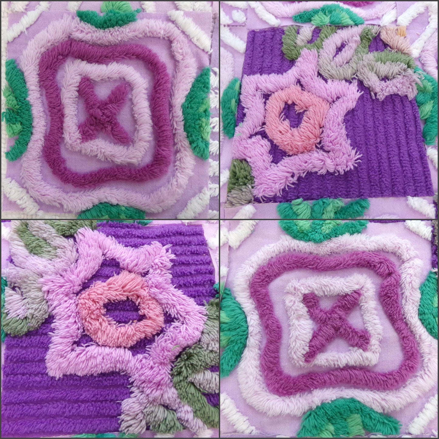 moondance chenille fabric squares, set of 16 vintage 6" craft blocks, lavender purple roses & white for quilt inlays, pillows, fiber arts