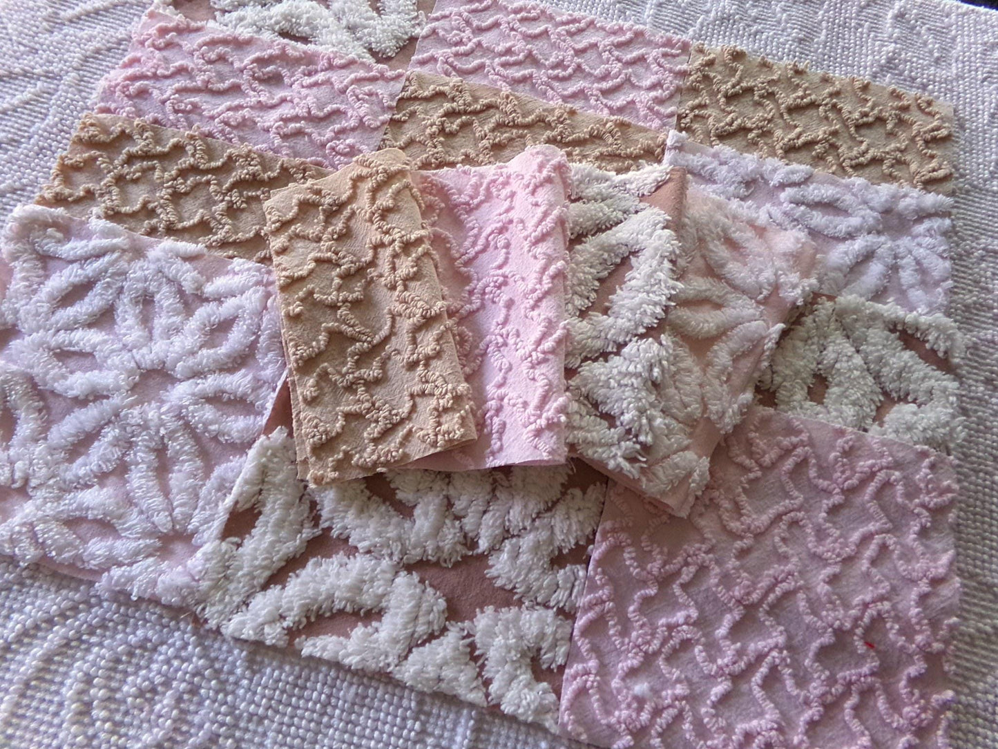 modern mocha pinks chenille fabric squares, set of 16 vintage quilt blocks 6" inches ea, daisy & squiggle texture