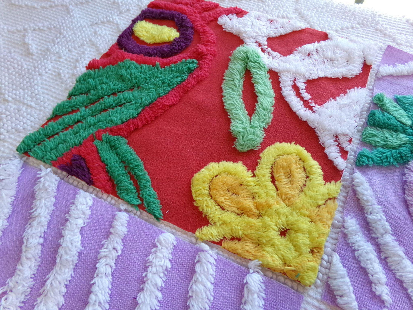 sassy 'n sweet chenille fabric squares, 7.5" vintage quilt blocks in lavender & rich red, set of 6 for sewing, crafts, quilting