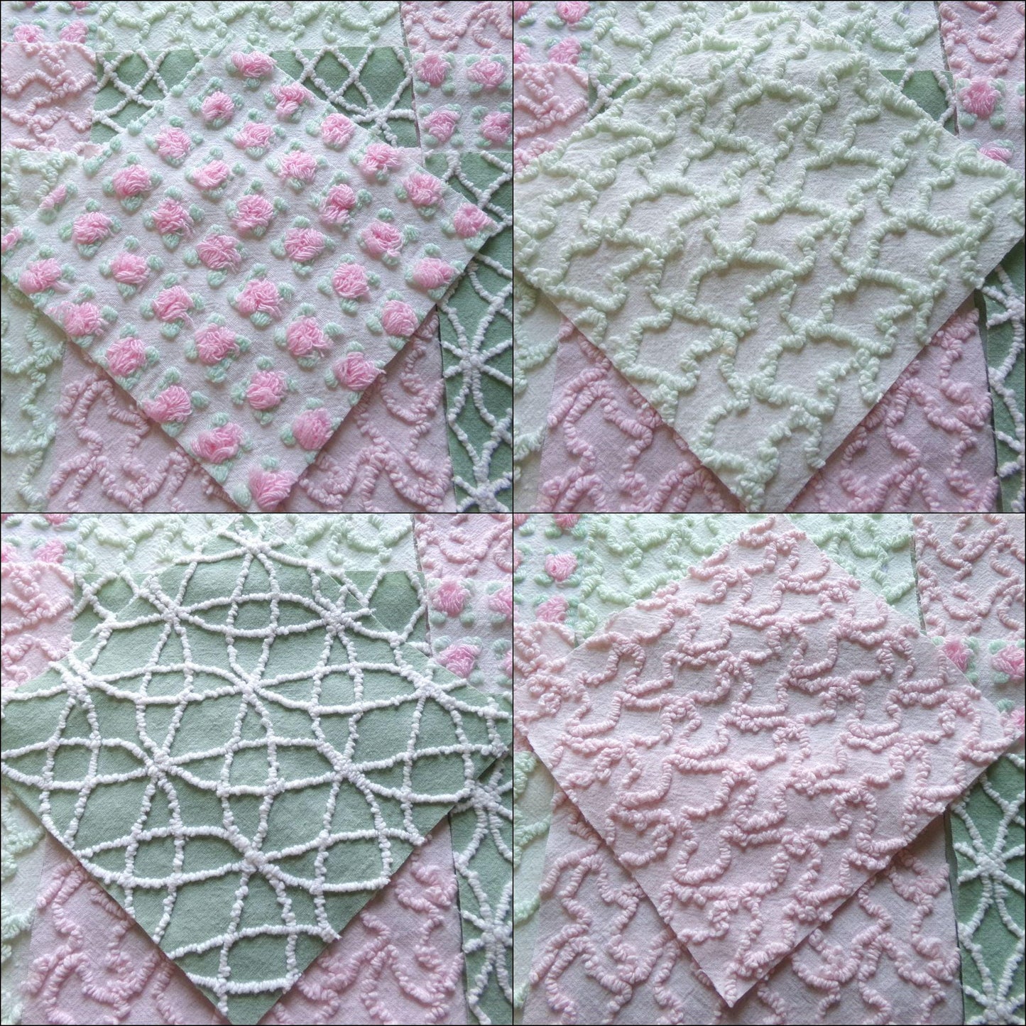 fairy garden chenille fabric squares, set of 16 vintage pink & green quilt blocks 6" ea, rosebud, squiggles for crafts, quilting