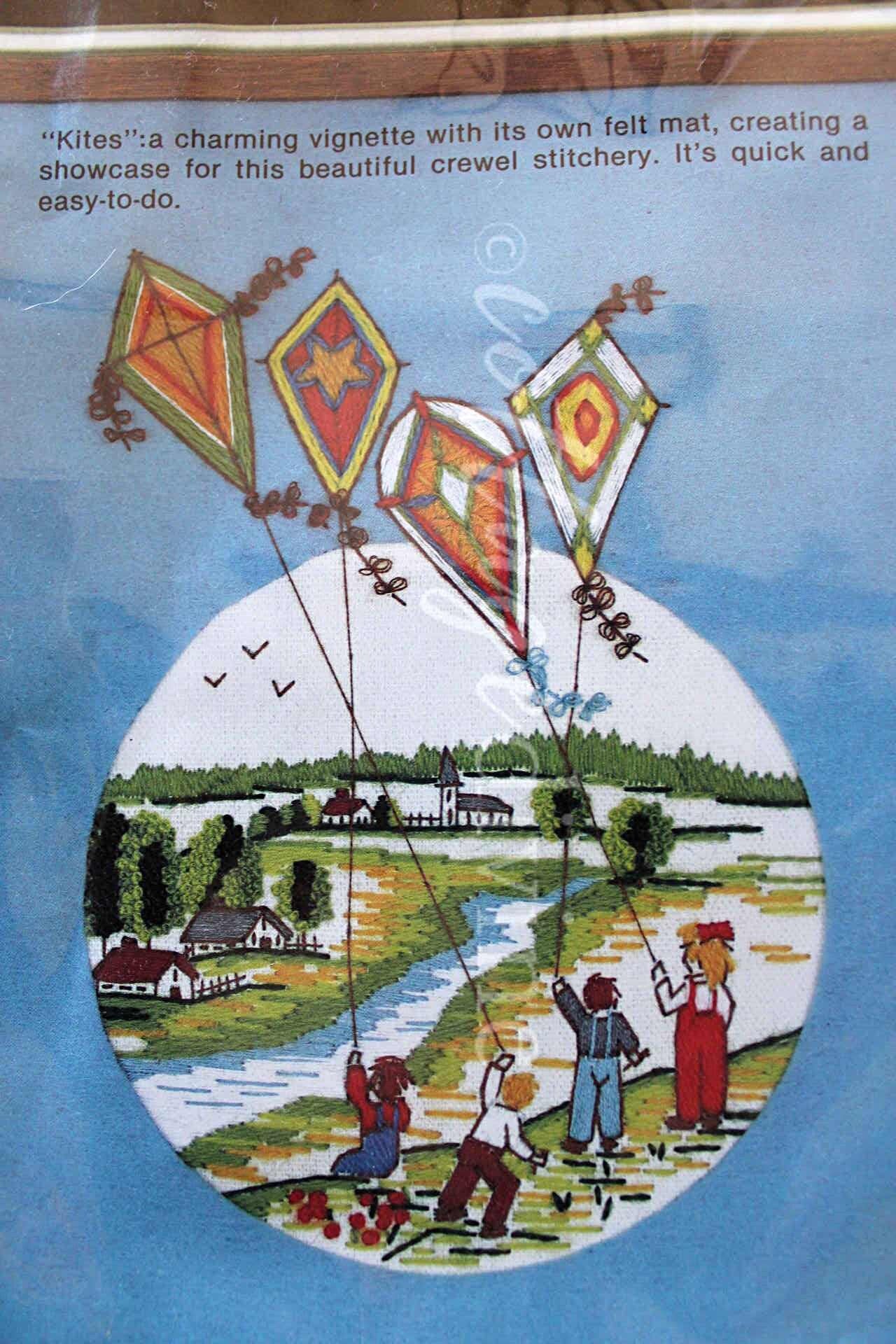 KITES Stitchery Kit Whimsical Vignette Vintage Paragon Creative Crewel Embroidery Design #0251, by Adele Veres, fits 8" x 10" frame