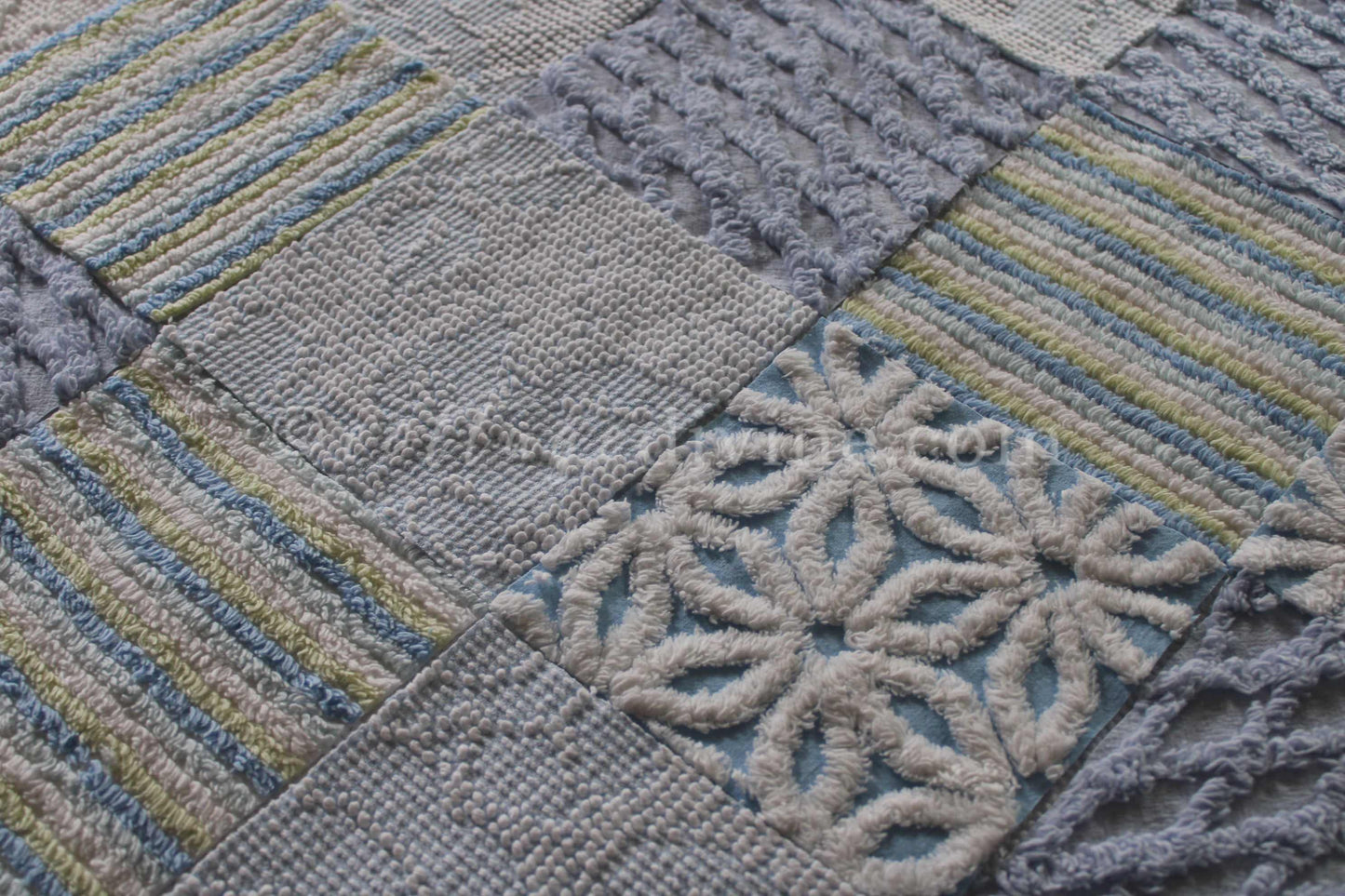 COOL COASTAL Chenille Quilt Squares Set, from Vintage Bedspread Fabric, 16 Blocks, 6" inch