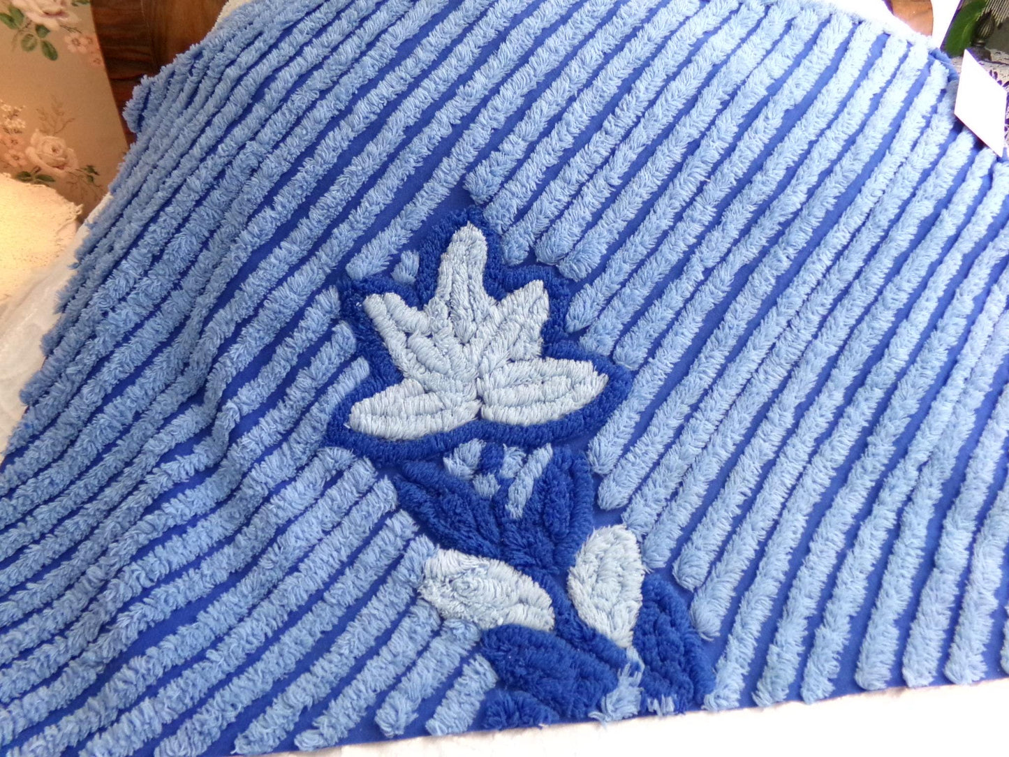 Midnight Blue Plush Vintage Chenille Bedspread Fabric, Water Lily on Diagonal Stripes, 18" x 25" inch Piece, Sewing & Quilt Material