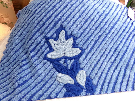 Midnight Blue Plush Vintage Chenille Bedspread Fabric, Water Lily on Diagonal Stripes, 18" x 25" inch Piece, Sewing & Quilt Material