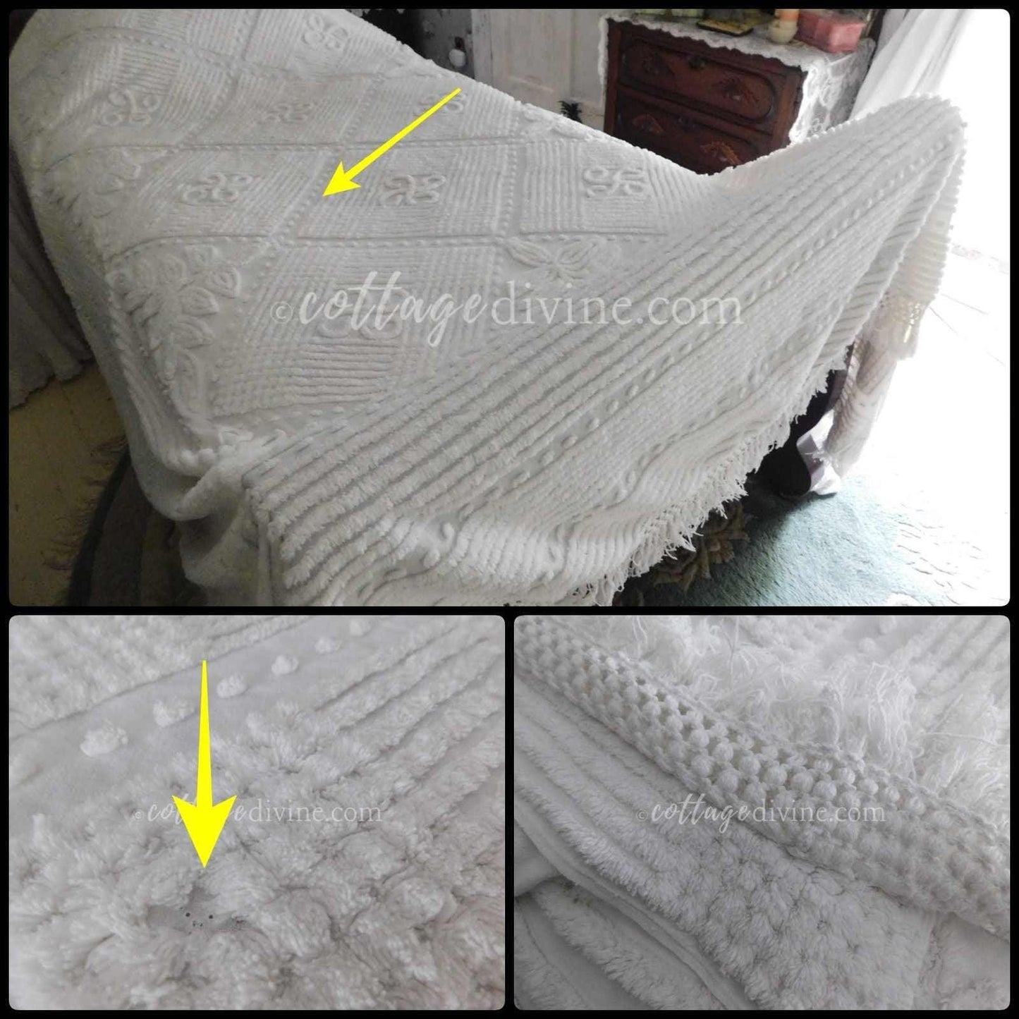 Shabby Seaside Cottage Style 1950s White Vintage Chenille Bedspread, Full Size, Fringe