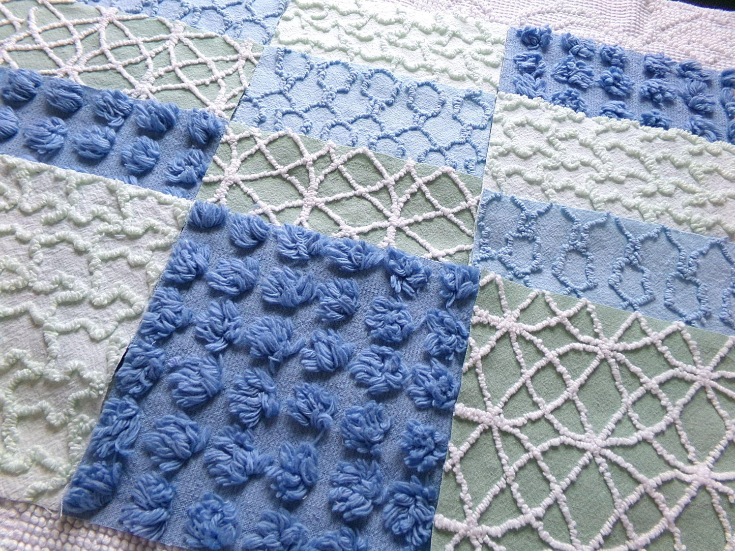 misty mermaid chenille fabric squares, 16 vintage 6" quilt blocks in coastal blue & green, for sewing, crafts, fiber arts