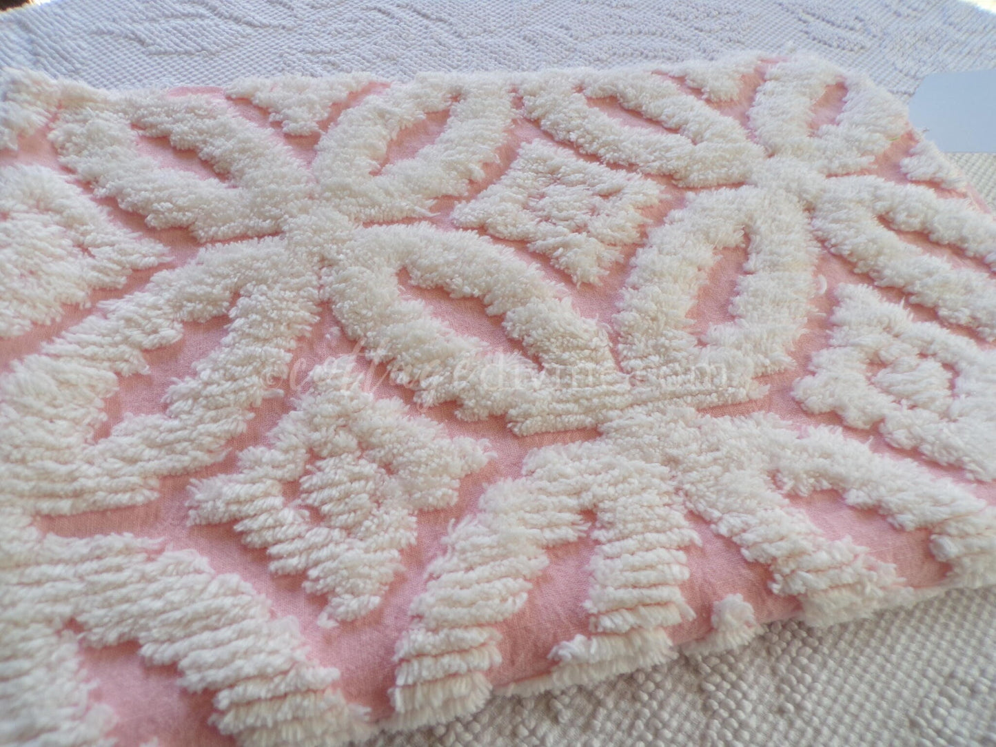 vintage chenille fabric, pink & white soft geometric design, 20" x 24" piece of sewing material
