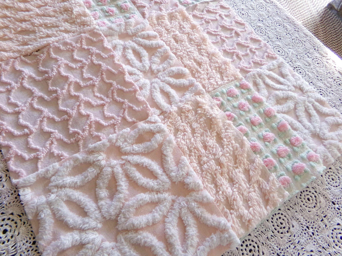 Spring Glow Chenille Quilt Squares Set from Vintage Bedspread Fabric, 16 Blocks, 6" inch ea in pretty daisies, pink rosebuds, peach lattice