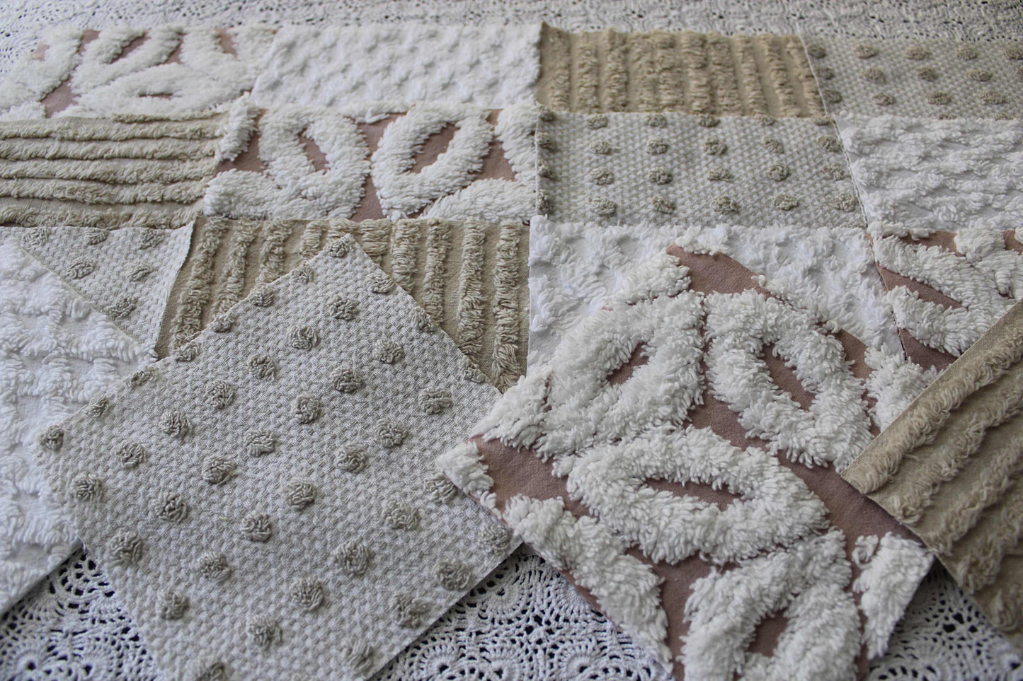 Chenille Fabric Squares, Neutral Sand, Tan & White Craft Square Set from Vintage Bedspread Fabric, 16 Blocks, 6" x 6" inch