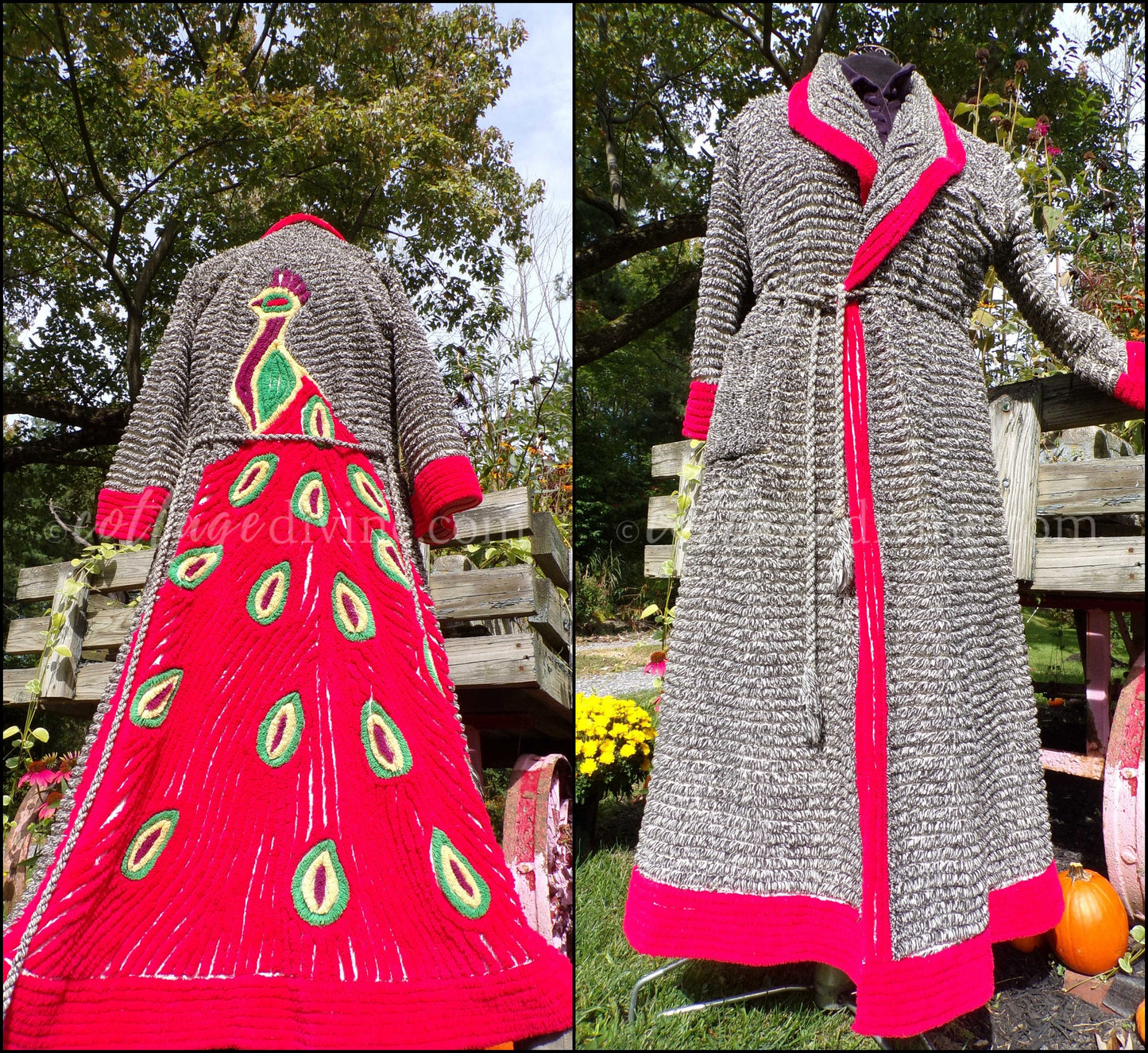 Red Peacock Vintage Women's Chenille Robe, 1940s Salt & Pepper Handmade Bathrobe, Size Small