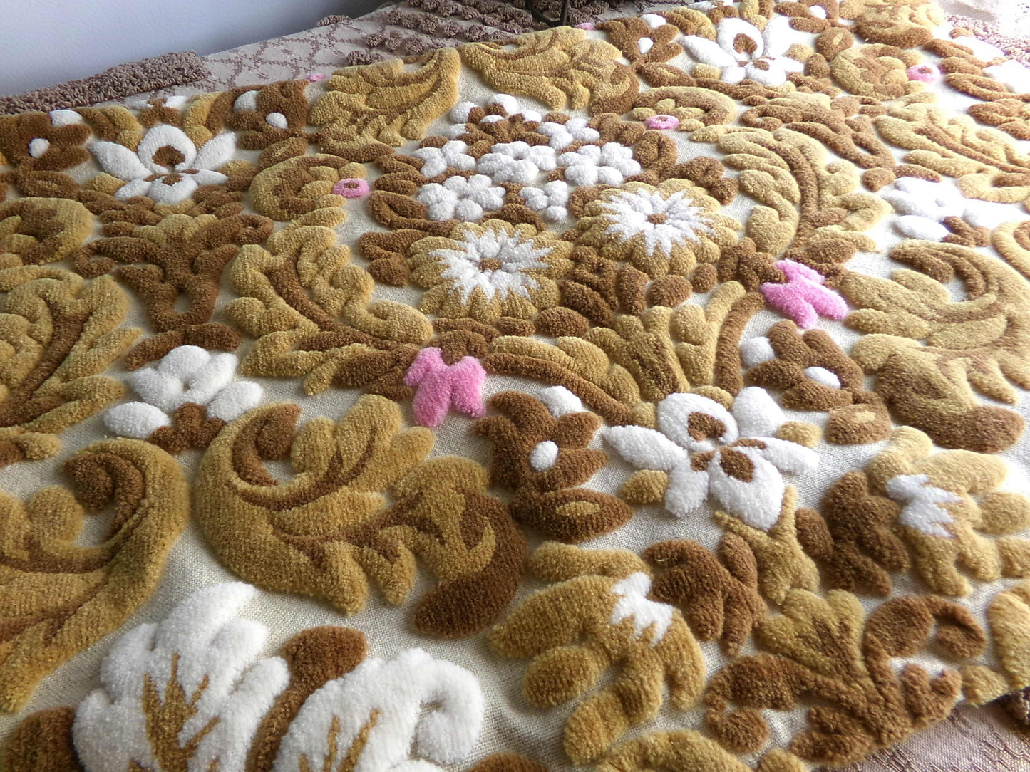 lux caramel chocolate cut velvet fabric, vintage Bates tapestry chenille, 12" x 21" inch piece, ideal sewing material for small bags
