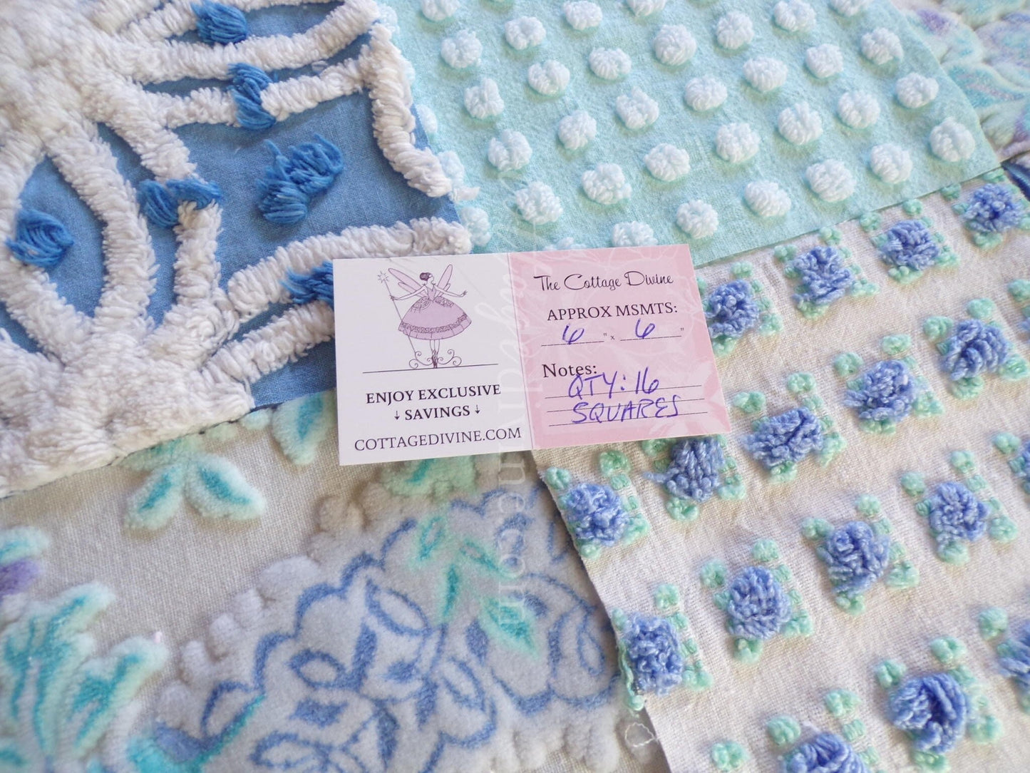 Mystic Moonglow Luxury Chenille & Velvet Quilt Squares Set from Vintage Bedspread Fabric, 16 Blocks, 6" inch