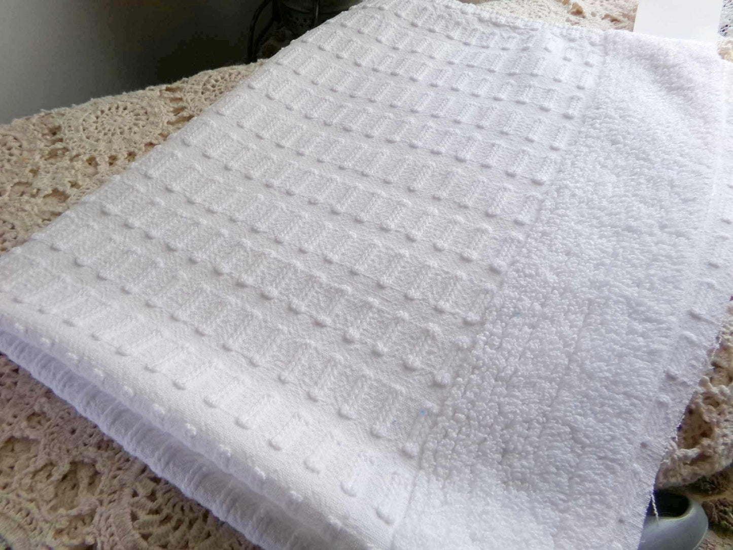 clean crisp white vintage chenille fabric: unique buttonhole design, 19" x 24" cut piece