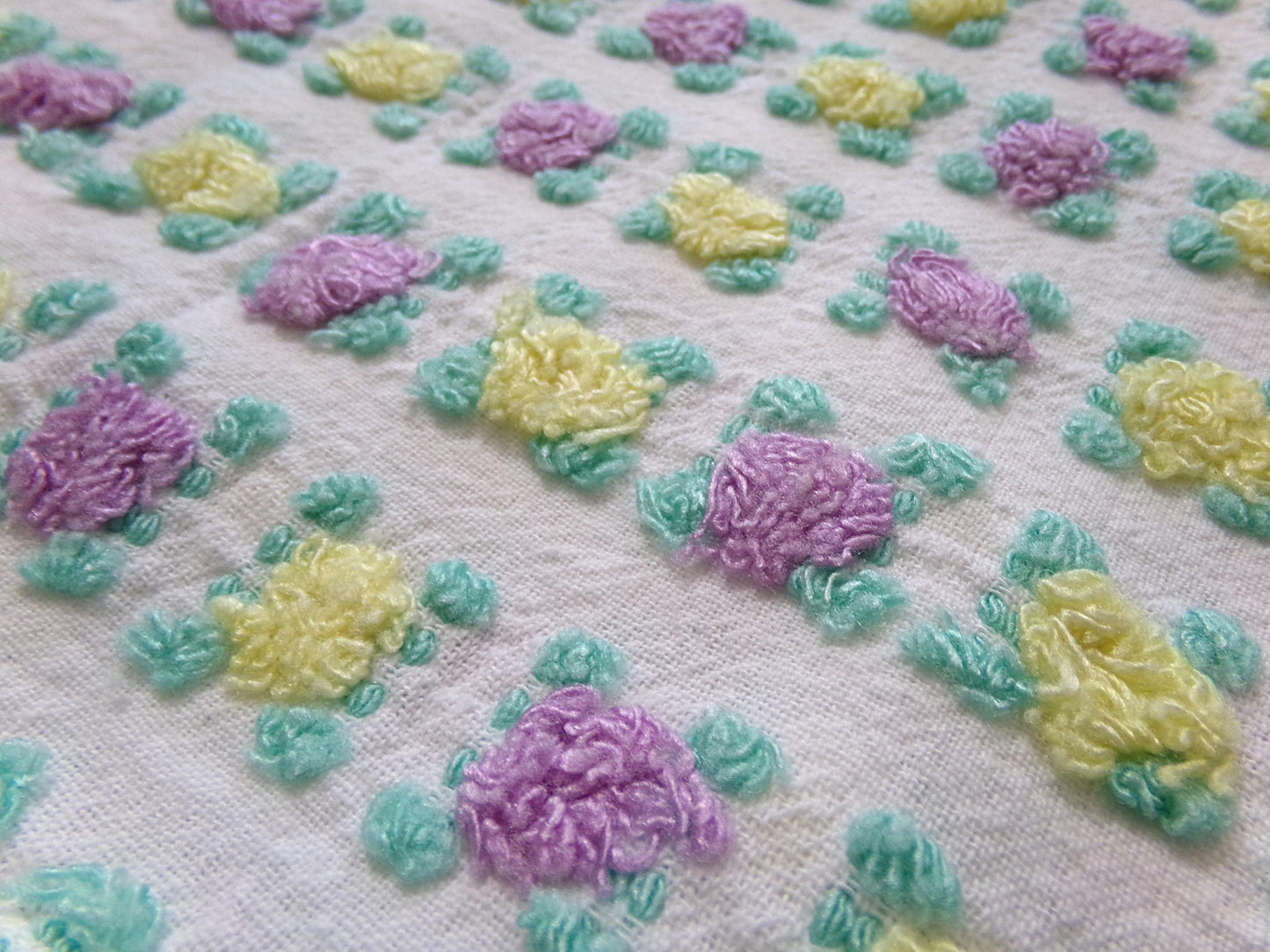 Rare Jewel Rosebud Vintage Chenille Fabric w/ Yellow & Amethyst Roses, 17" x 24" Cut Piece of Sewing, Quilt Material