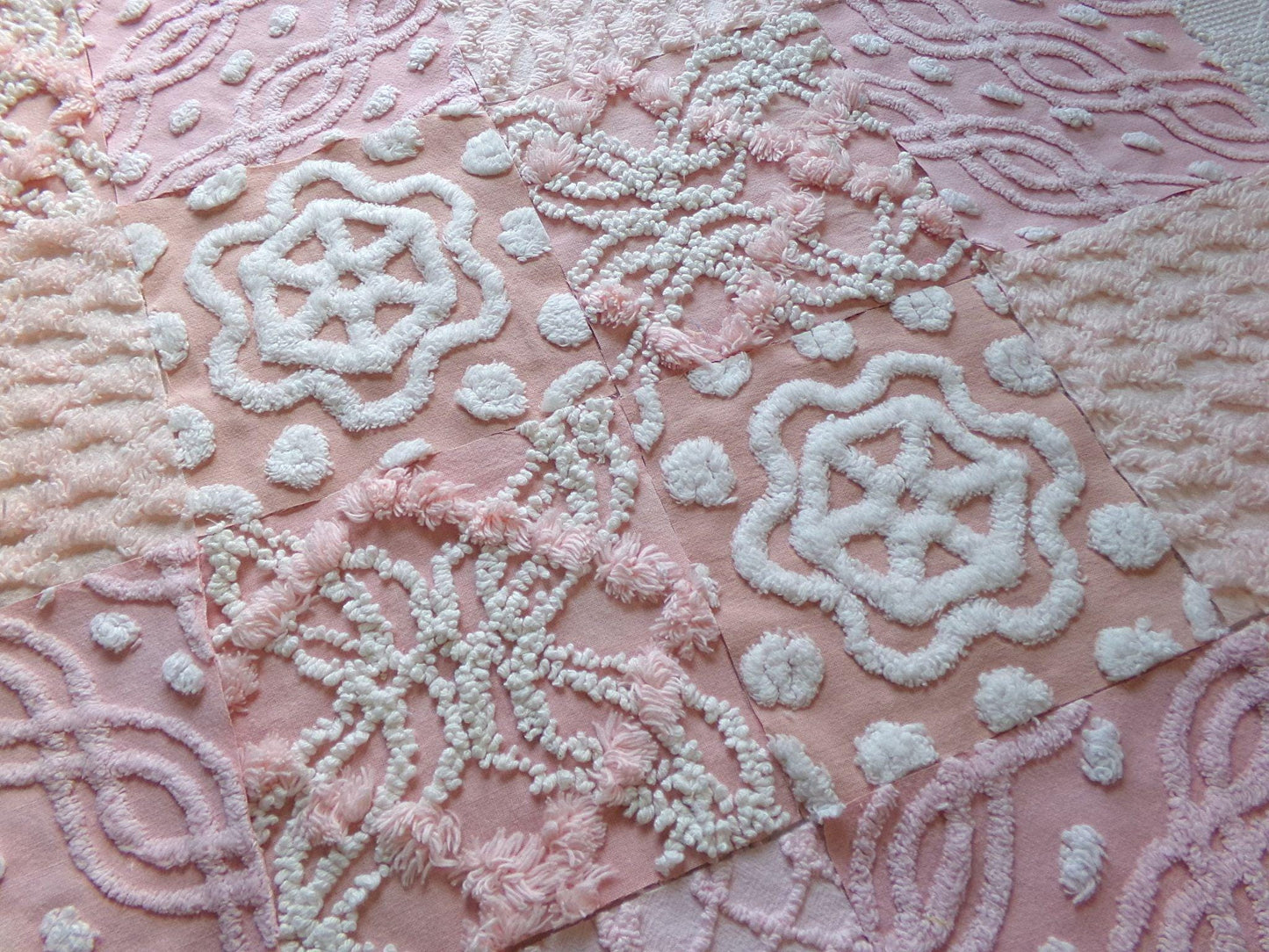 feminine glow vintage 6" chenille squares, set of 16 quilt blocks, rotary cut from pink & peach vintage chenille bedspread fabrics