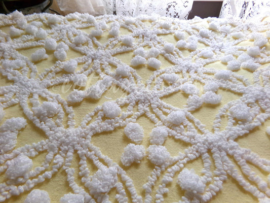Sunny Yellow Vintage Chenille Fabric, White Geometric Wedding Ring & Pop Design, 20" x 24" Inch Piece, Popular in Handmade Quilts