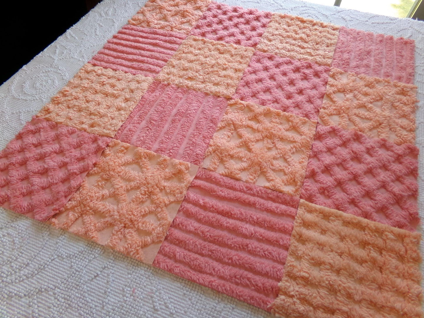 raspberry peach sherbet vintage chenille fabric squares, set of 16 plush soft tufted 6" blocks