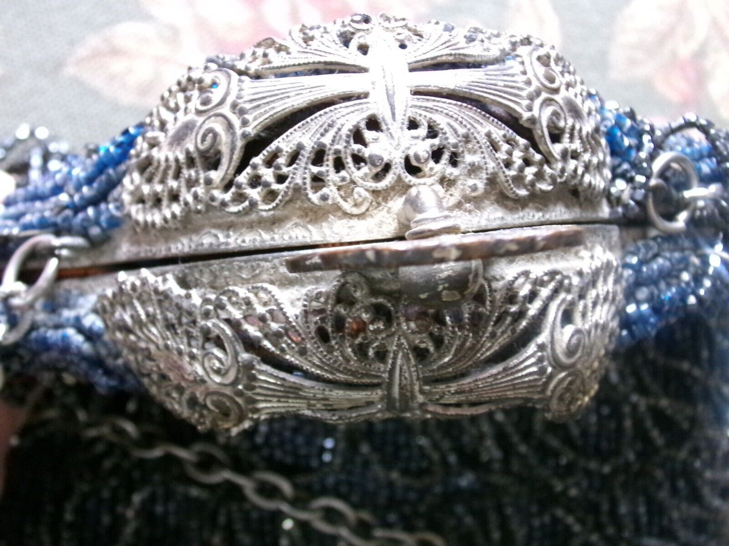 Antique Micro Bead Bag Carnival Glass Purse Vintage Victorian Fancy Clasp Top