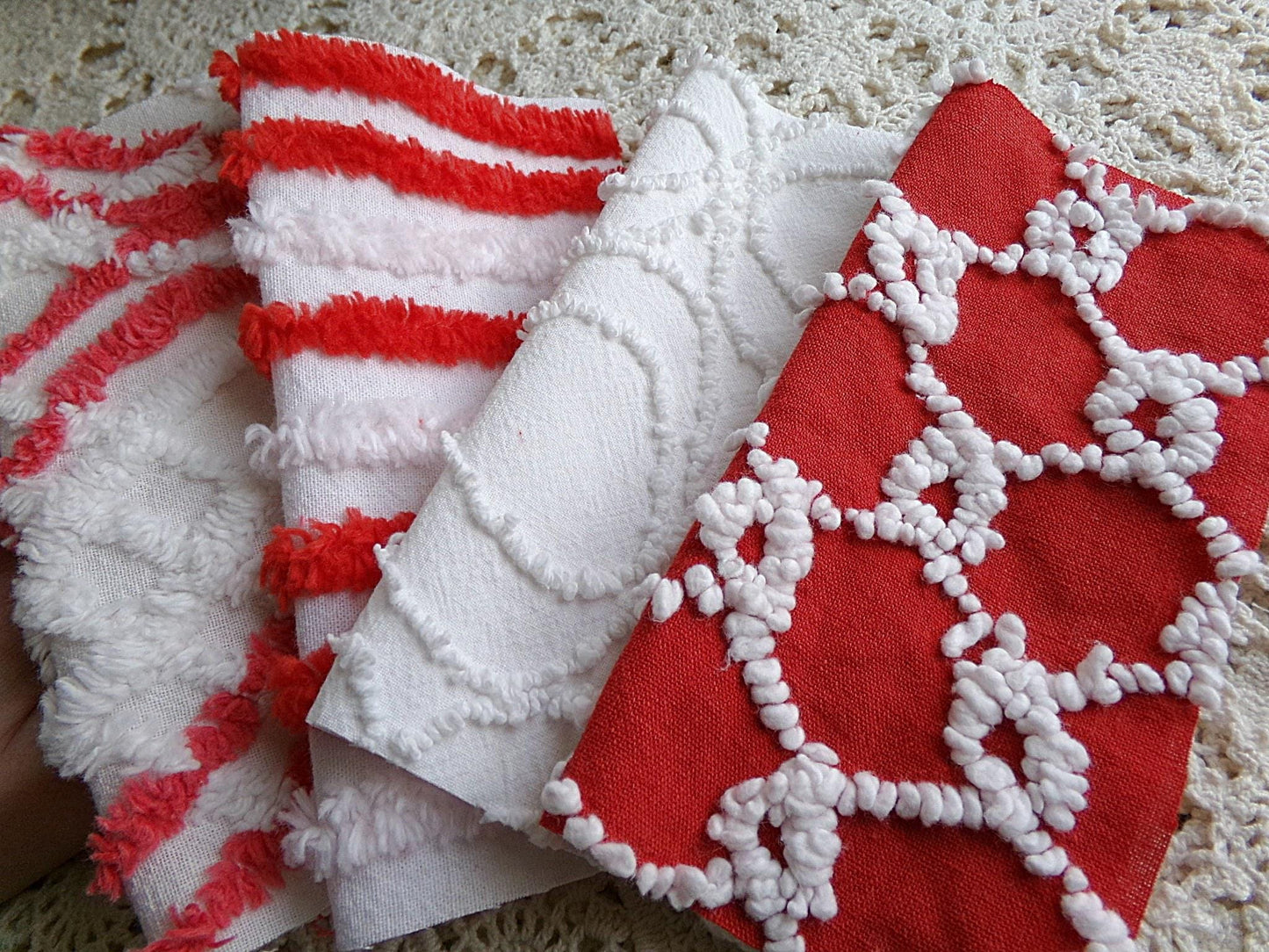 candy canes chenille fabric squares, red & white vintage craft square set of 16 blocks, 6" x 6" inch, great for Christmas stockings
