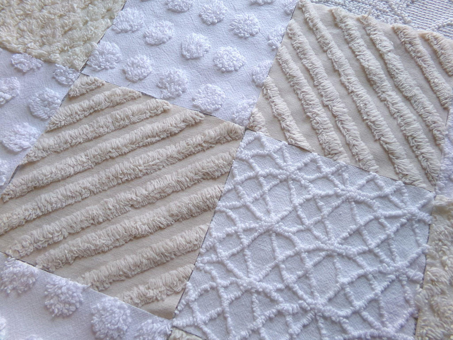 chic neutral chenille fabric squares, set of 16 vintage tan & white quilt blocks 6" ea, coin dot, geometric, infinity, for crafts, quilting